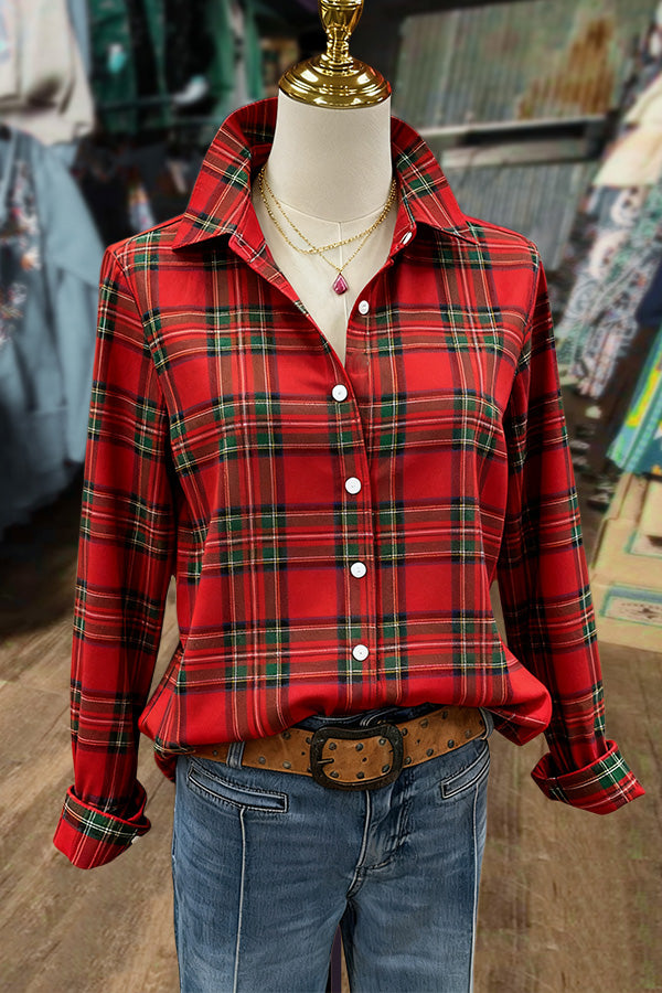 Casual Christmas Plaid Print Collared Blouse