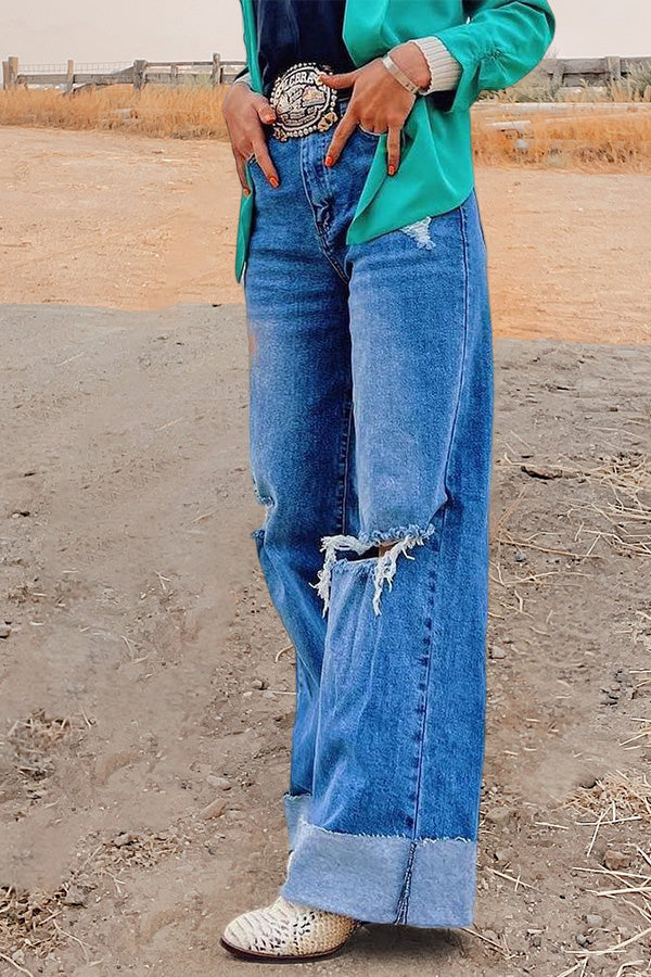 Vintage Wash Ripped Wide-leg Jeans
