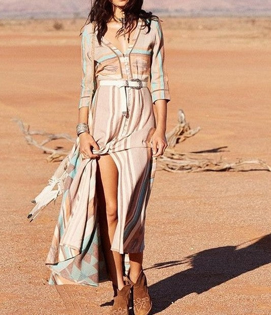 Casual Cotton V Neck Slit Maxi Dress