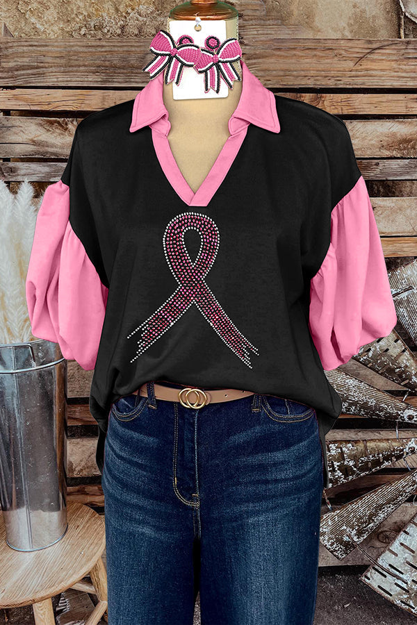 Classic Breast Cancer Awareness Rhinestone Ribbon Top