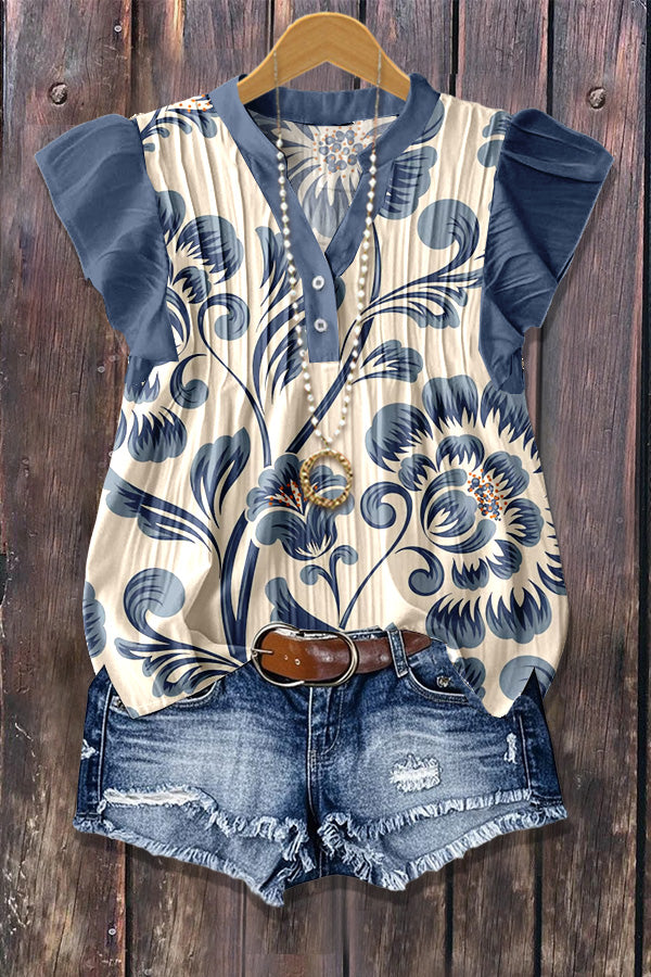 Chic Floral Print Flutter Sleeve Ribbed Top