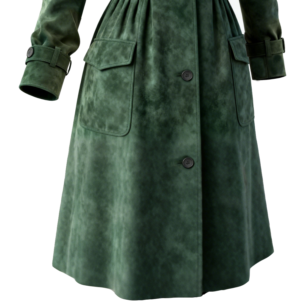 Women's Elegant Green Suede Coat With Fur Collar