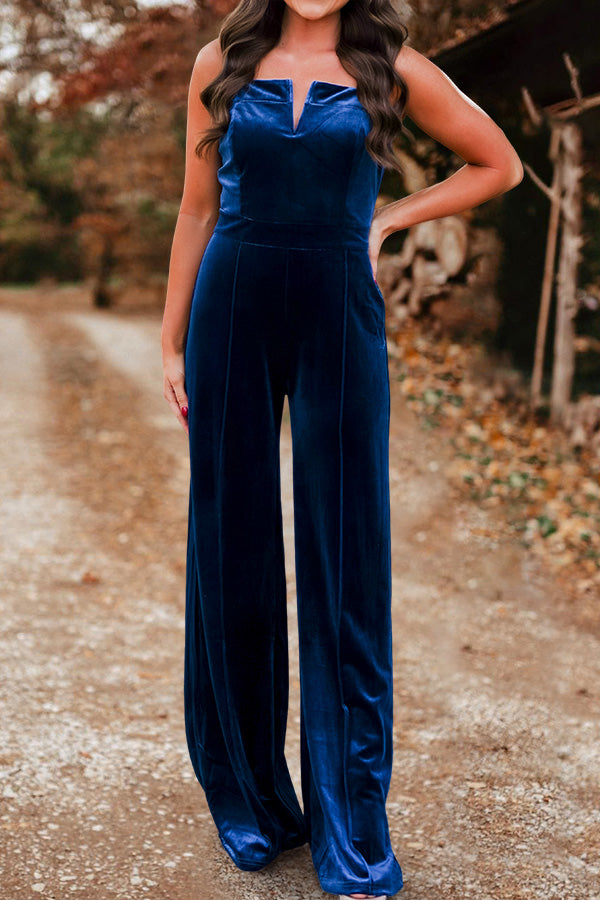 Retro V-Neck Wide-Leg Velvet Jumpsuit