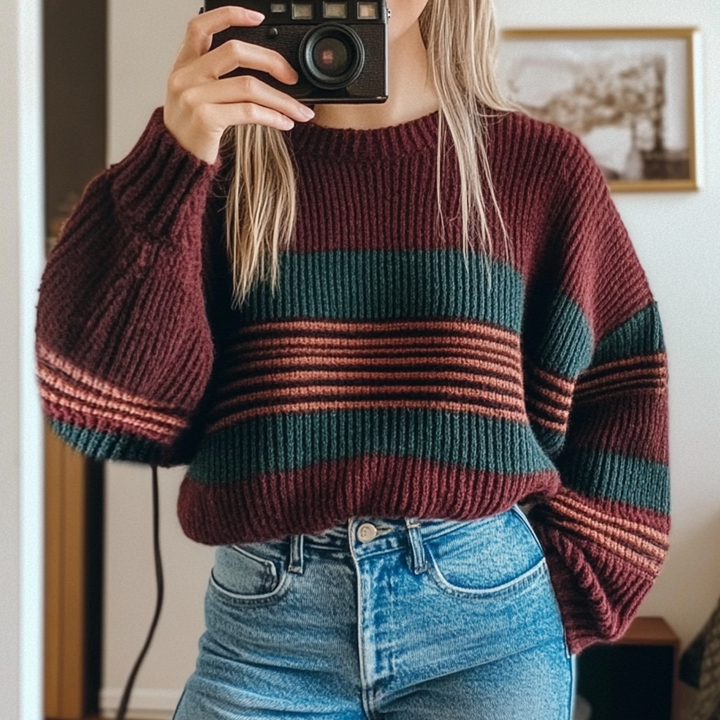 Women's Vintage Striped Ethnic Style Print Round Neck Oversized Sweatshirt