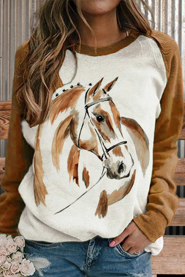 Casual Horse Print Crew Neck Sweatshirt