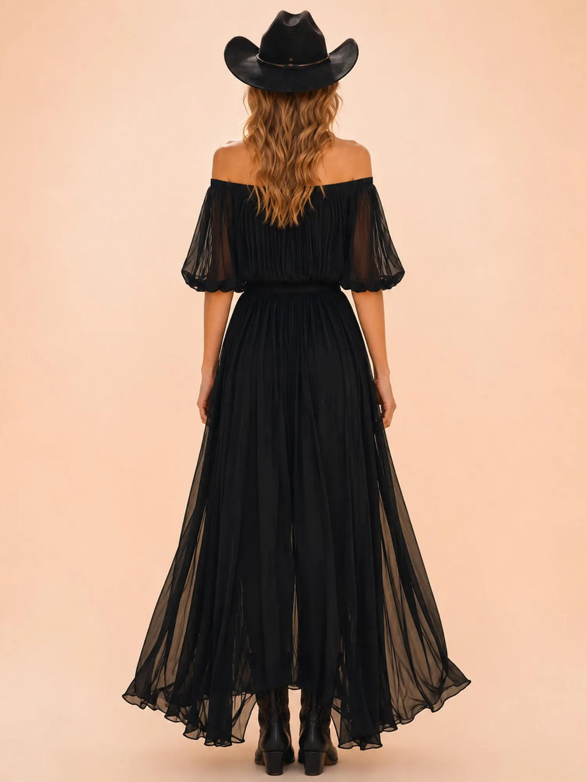 Perfect for Country Music Festivals — Black Off-the-Shoulder Pleated Chiffon Western Maxi Dress