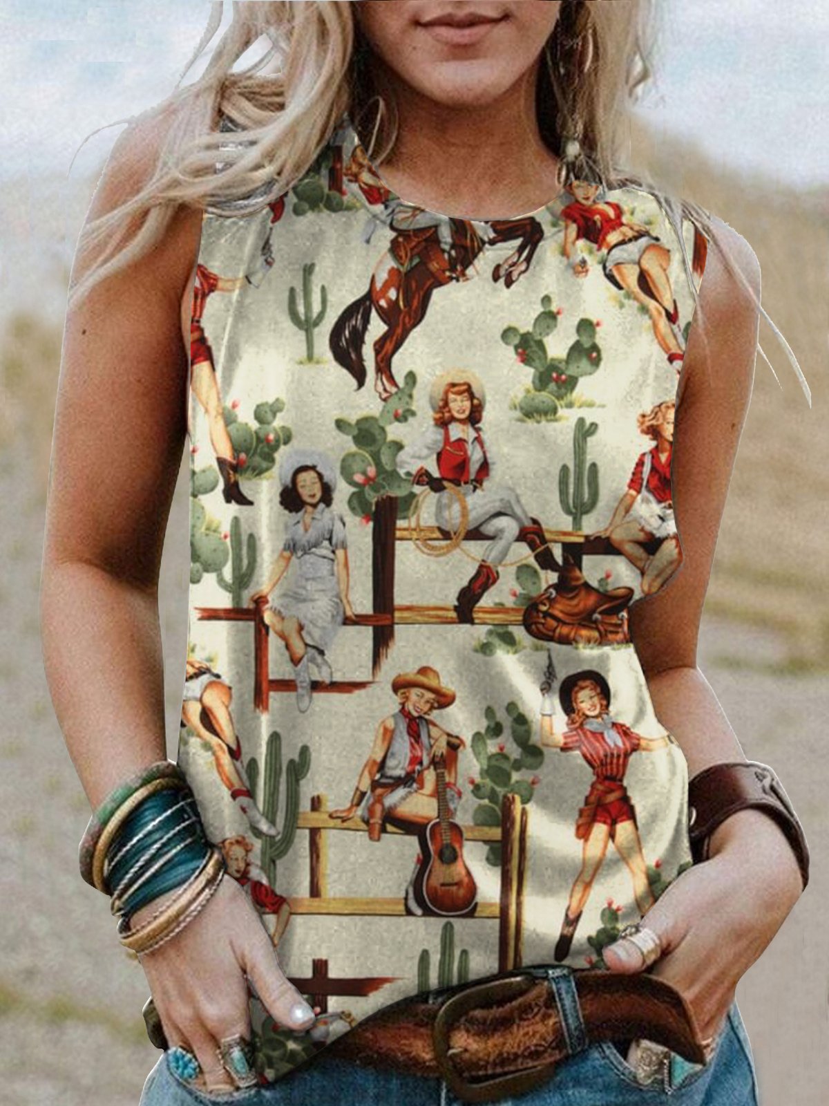 Women's Western Vintage Pattern Printed Round Neck Sleeveless T-Shirt