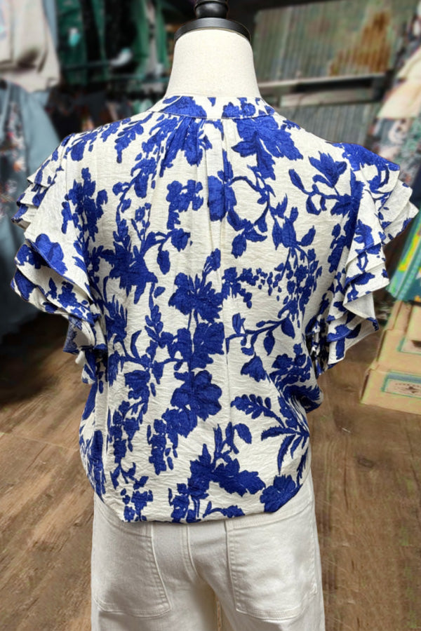 Blue Floral Print Flutter Sleeve Top