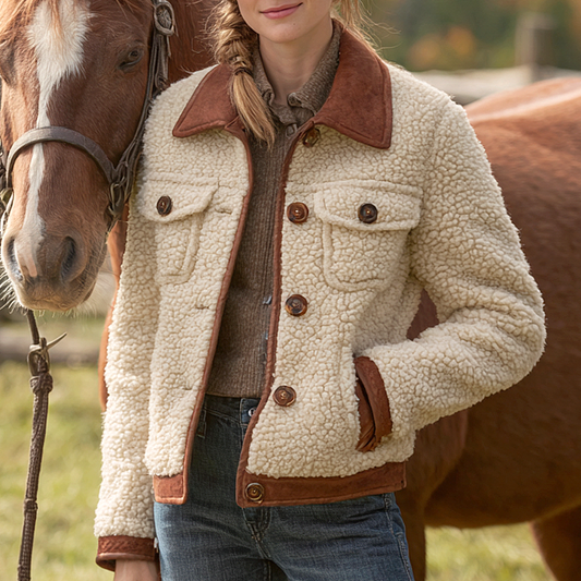 Women's Autumnal Equestrian Style Cozy Sherpa Retro Western Cowboy Style Lamb Fleece Jacket