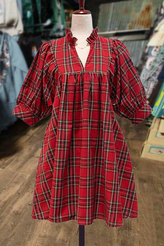 Plaid V-Neck Puff Sleeve Mini Dress