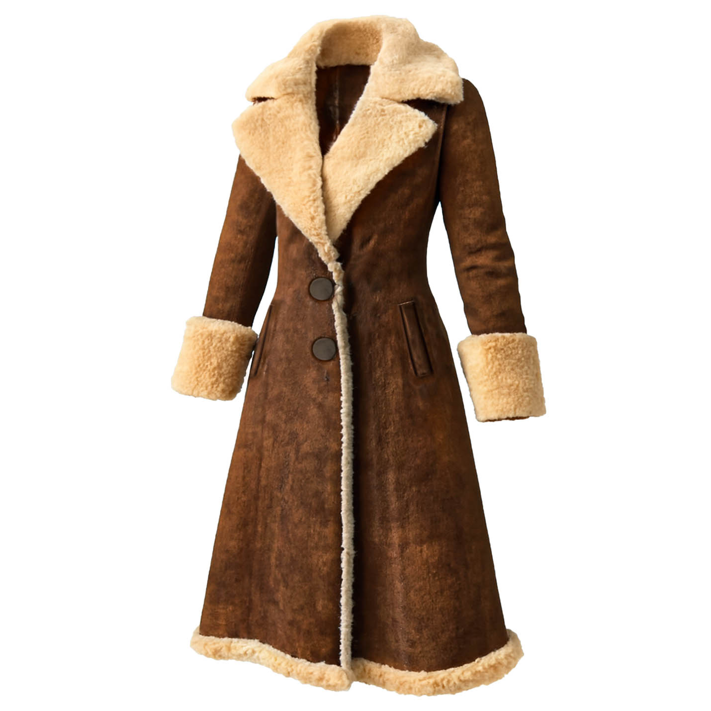 Women's Vintage Western Cowgirl Brown Suede Fleece Lapel Long Shearling Jacket Coat