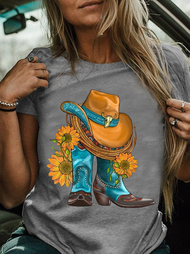 Women's Western Hat And Cowboy Boots With Sunflowers Print T-Shirt