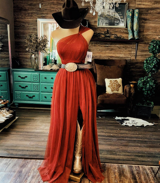 Western One-Shoulder Chiffon Maxi Dress