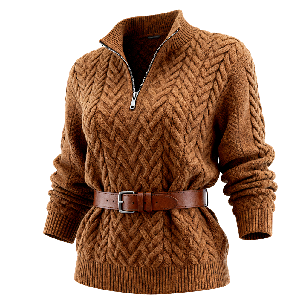 Women's Vintage Brown Cable Knit Sweater With Zipper And Belt