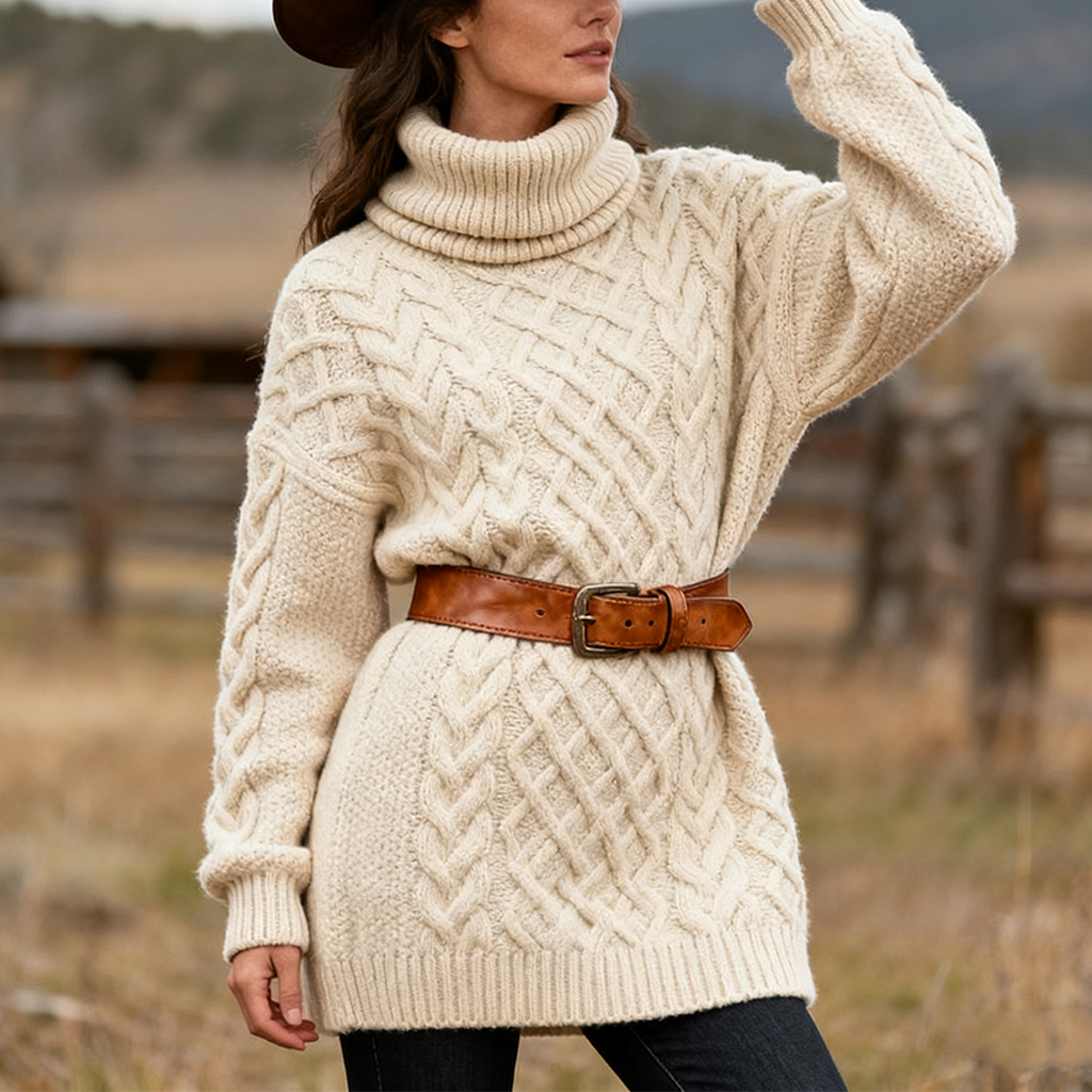 Women's Vintage Cozy Cable Knit Sweater Dress With Leather Belt