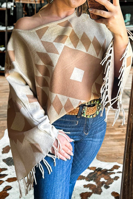 Vintage Western Aztec Print Fringe Sweater