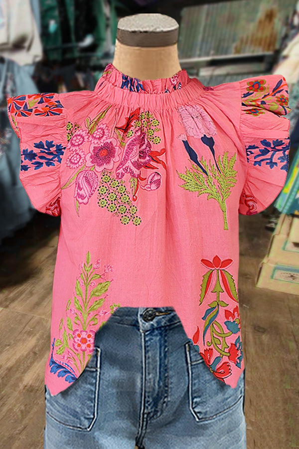 Floral Print Mock Neck Ruffle Sleeve Top