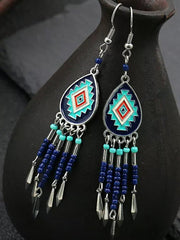 Women's Bohemian Vintage Rice Bead Braided Tassel Turquoise Earrings