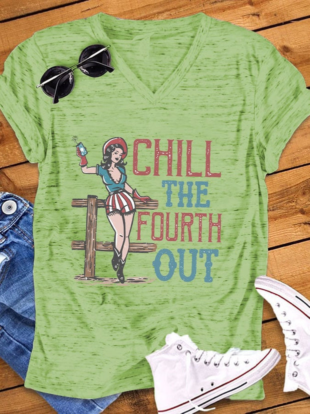 Women's Vintage Independence Day Chill The Fourth Out Print V-Neck T-Shirt