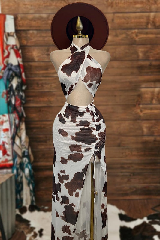 Cow Pattern Cross Halter Neck Drawstring Maxi Dress