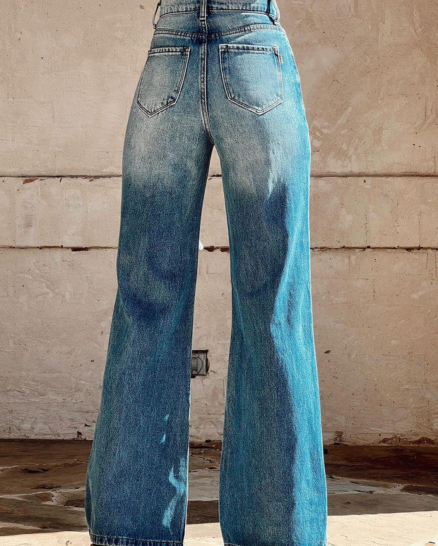 Retro Washed High Waist Ripped Wide Leg Straight Leg Jeans
