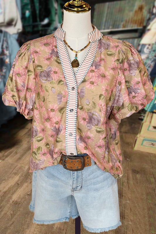 Vintage Floral Print Puff Sleeve Top