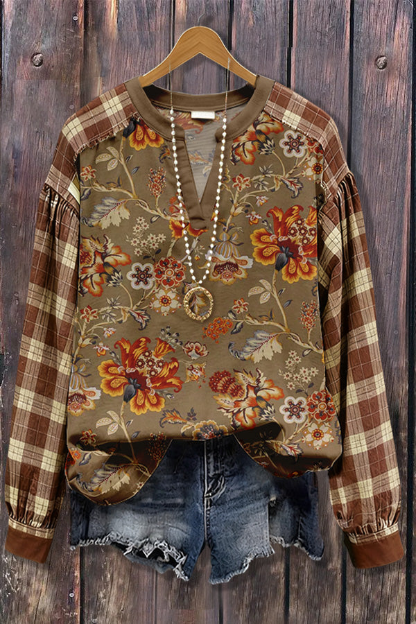 Vintage Floral Print Plaid Long Sleeve Top