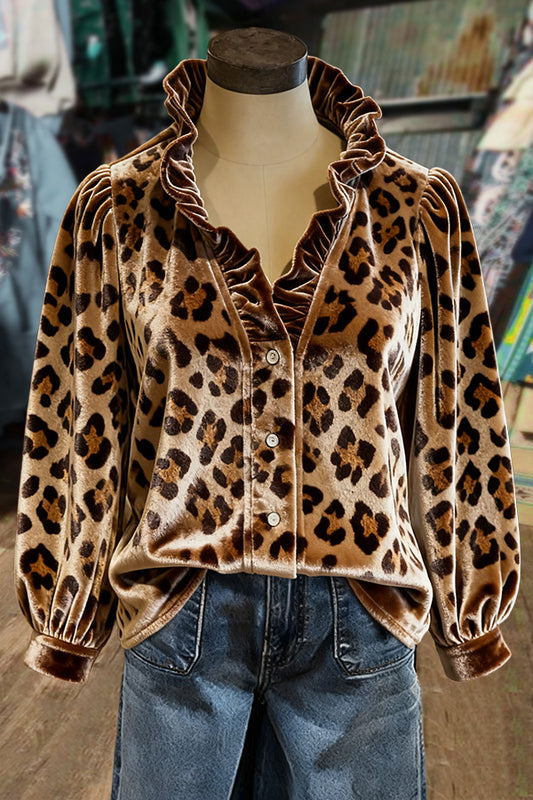 Leopard Print Ruffle Neck Long Sleeve Velvet Top