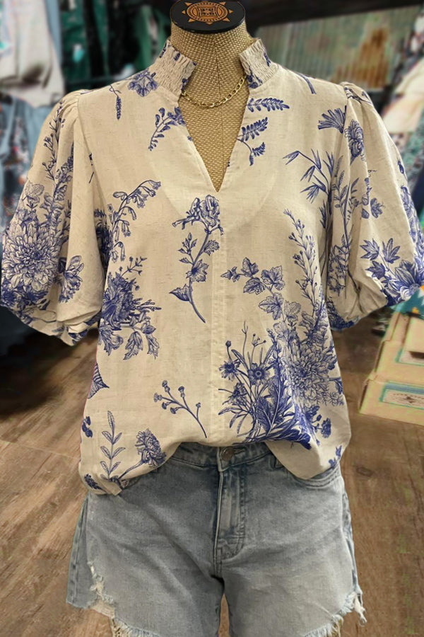 Elegant Floral Print Puff Sleeve Top