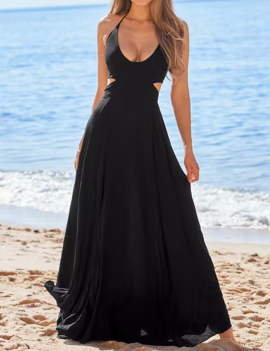 Black Plunging Halterneck Cutout Maxi Dress