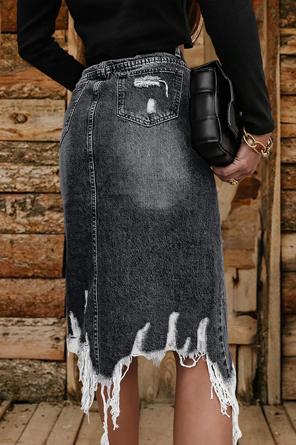 Retro Washed Irregular Ripped Tassel Denim Skirt