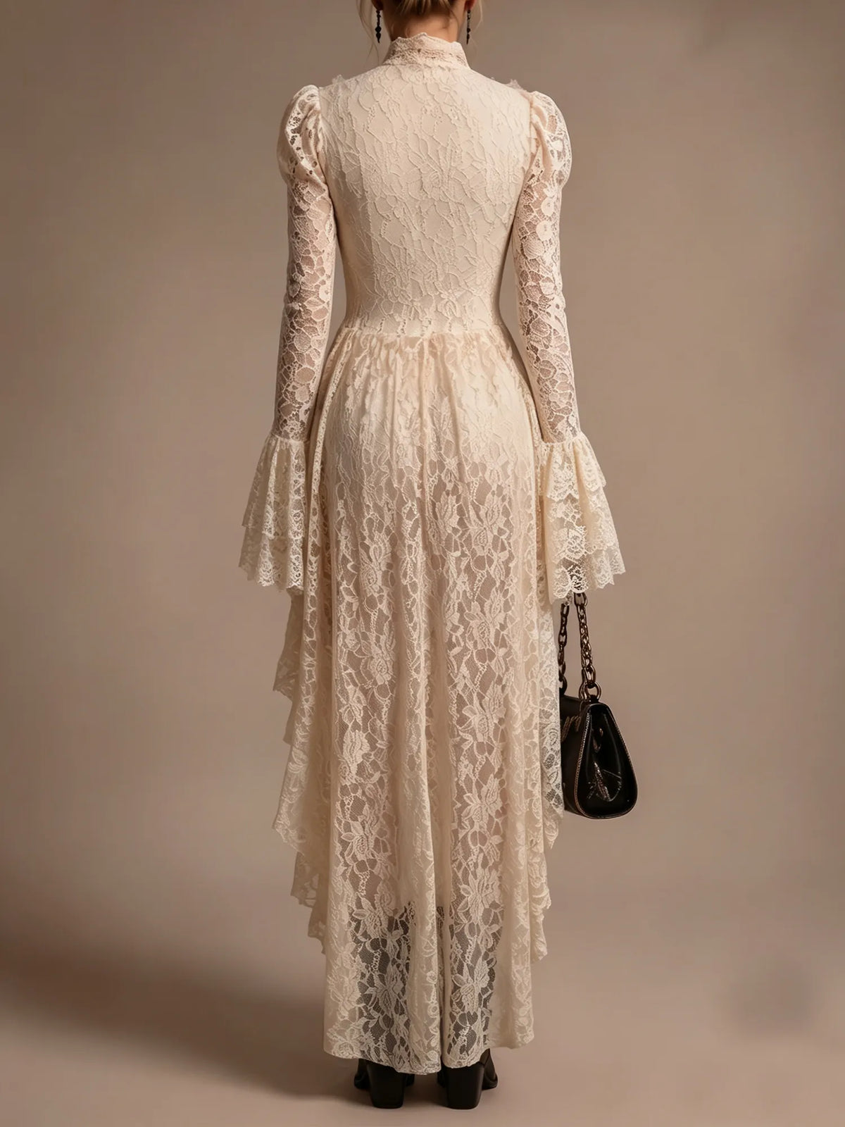 Perfect For A Renaissance Carnival — Maxi Dresses With Flared Sleeves, Openwork Neckline, Floral Lace, And A Shorter Front Than Back.