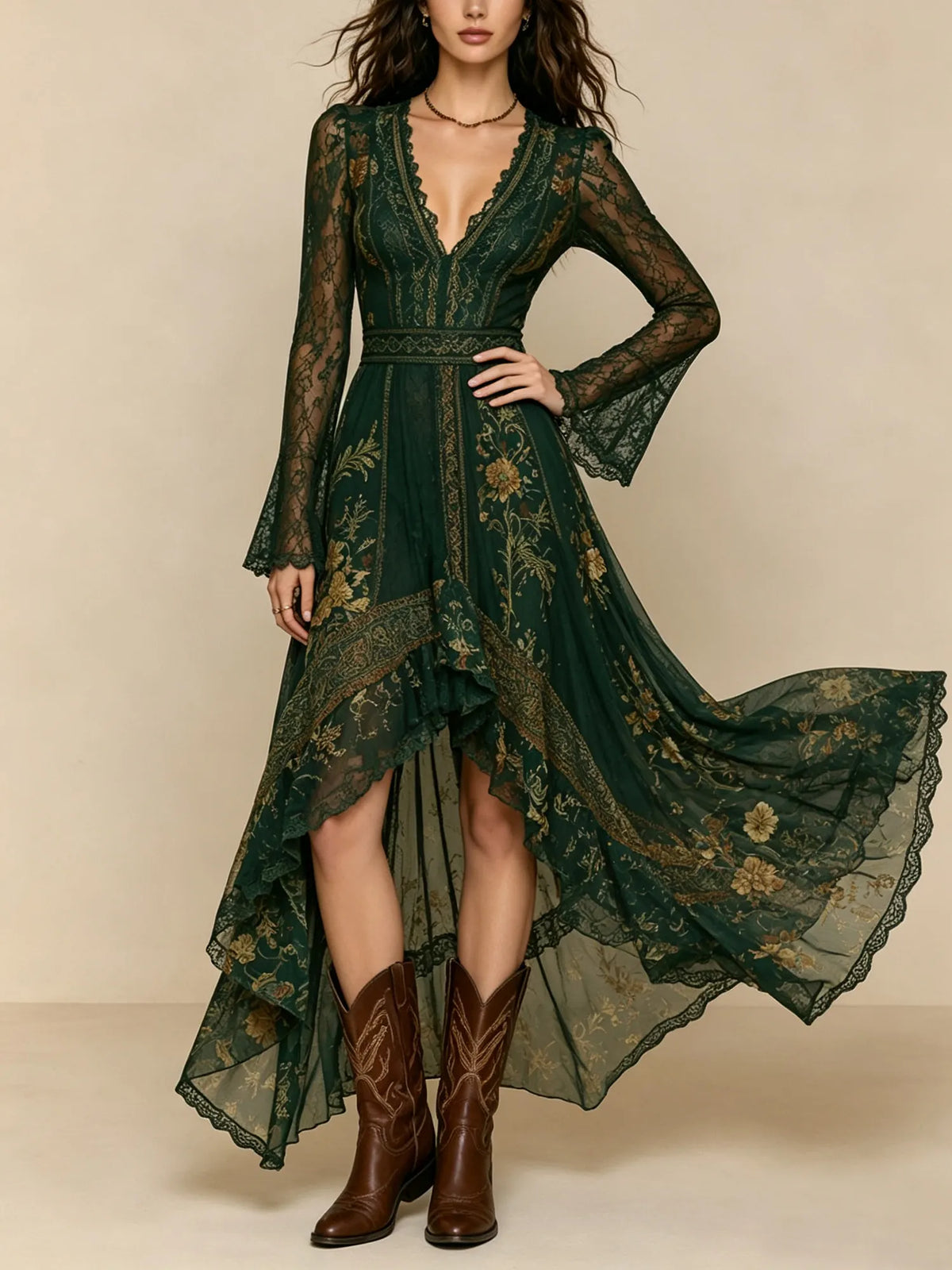 A sophisticated autumn Western Bohemian style choice — 2026 Forest Green Deep V-neck Lace Floral Pattern Maxi Dresses