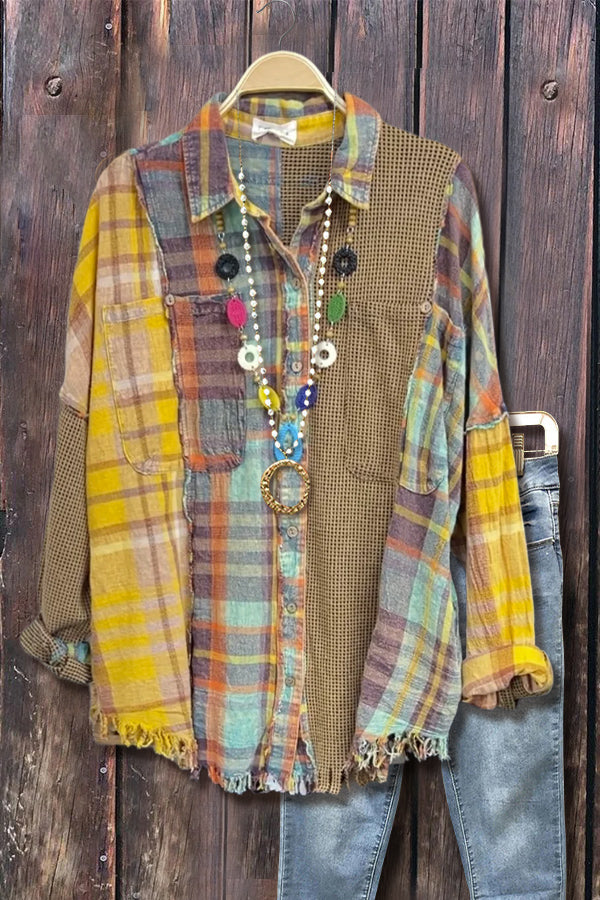 Colorful Plaid Button Up Waffle Top