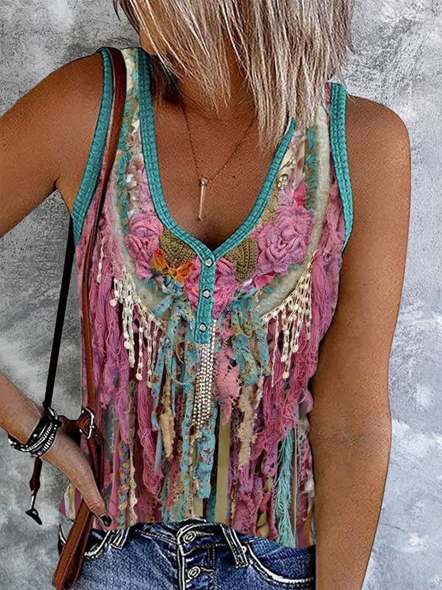 Women's Western Fringed Print Button Down Casual Vest