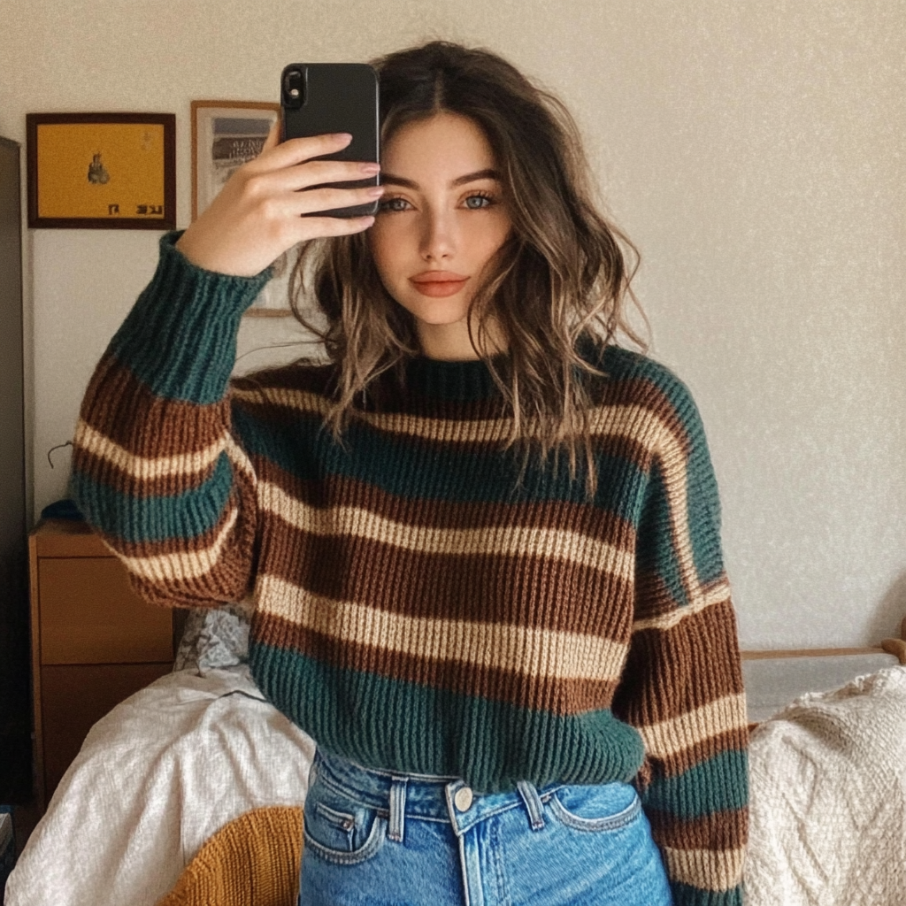 Women's Vintage Striped Ethnic Style Print Round Neck Oversized Sweatshirt