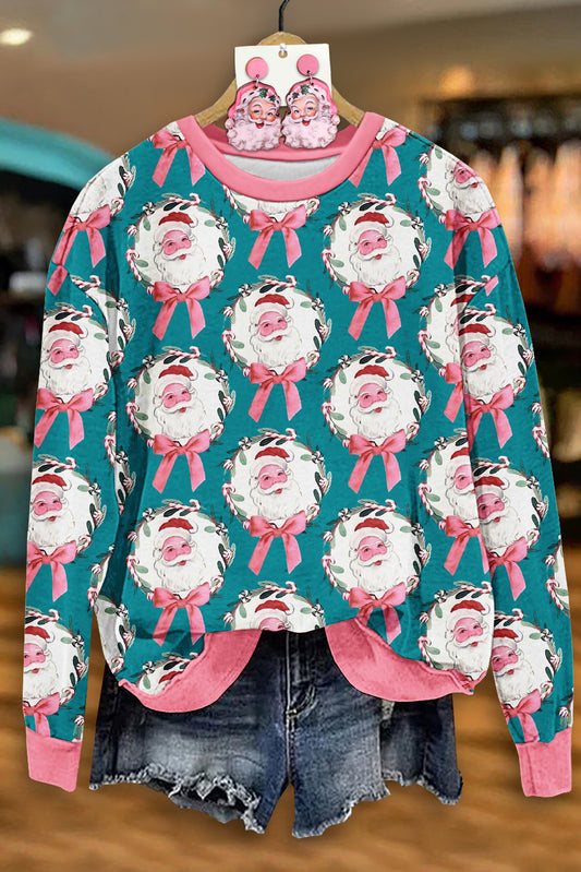 Sweet Christmas Santa Claus Print Long Sleeve Top