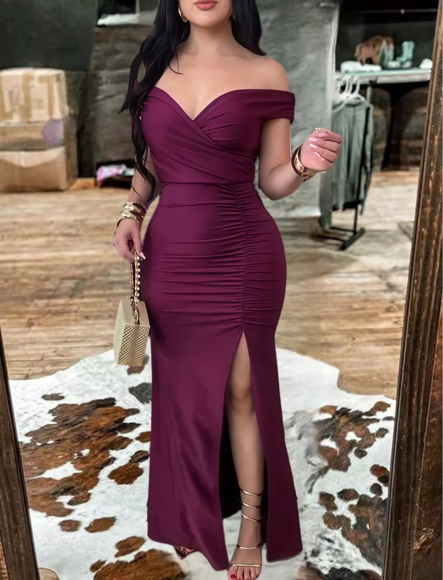 Off-Shoulder Ruched Evening Maxi Dress