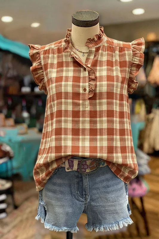 Terracotta 70s Plaid Flutter Sleeve Ruffle-Neck Blouse