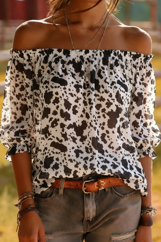 Cow Print Off-Shoulder Blouse - Puff Sleeve Top