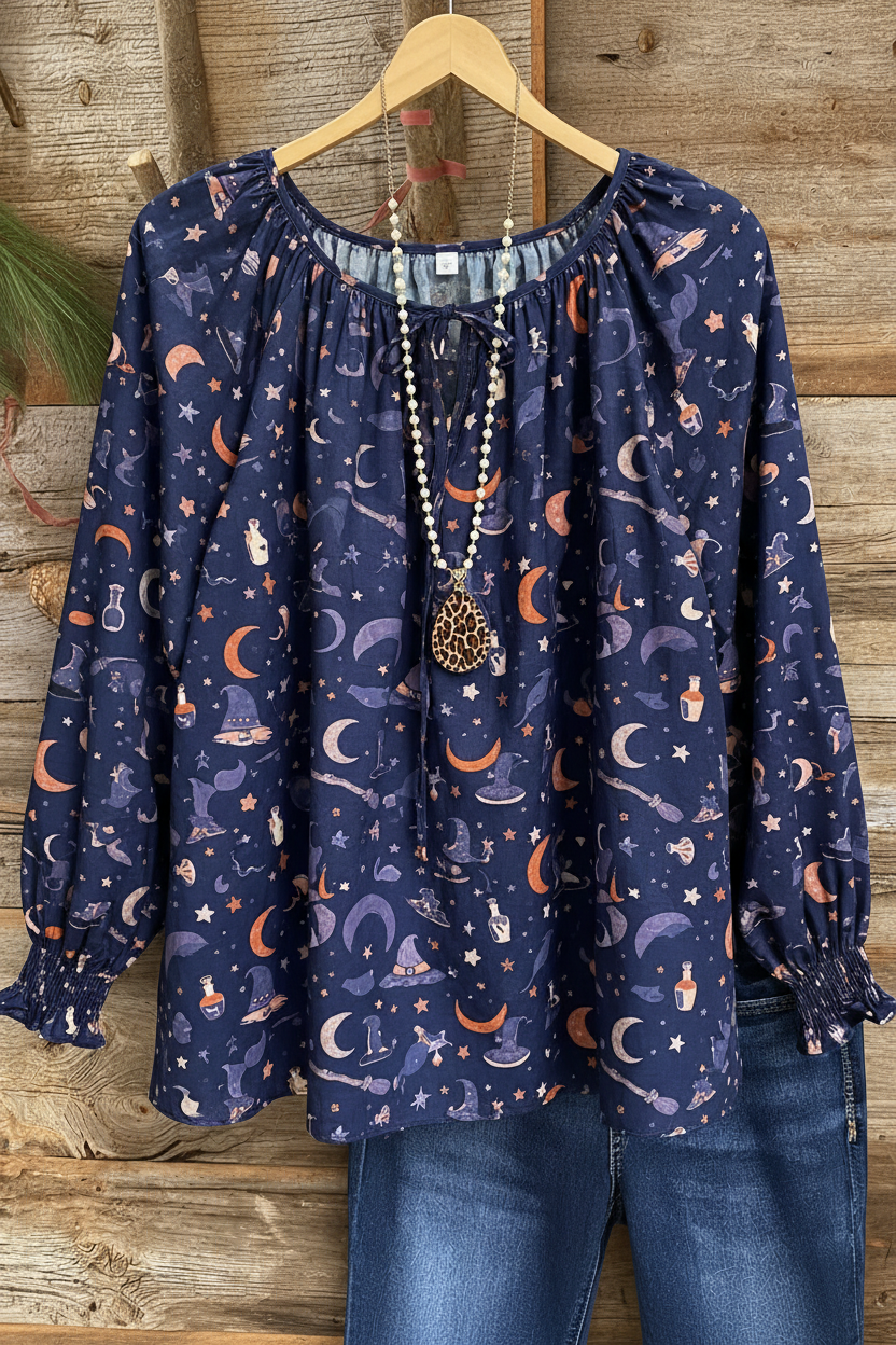 Halloween Witch Moon Print Gathered Cuff Peasant Top