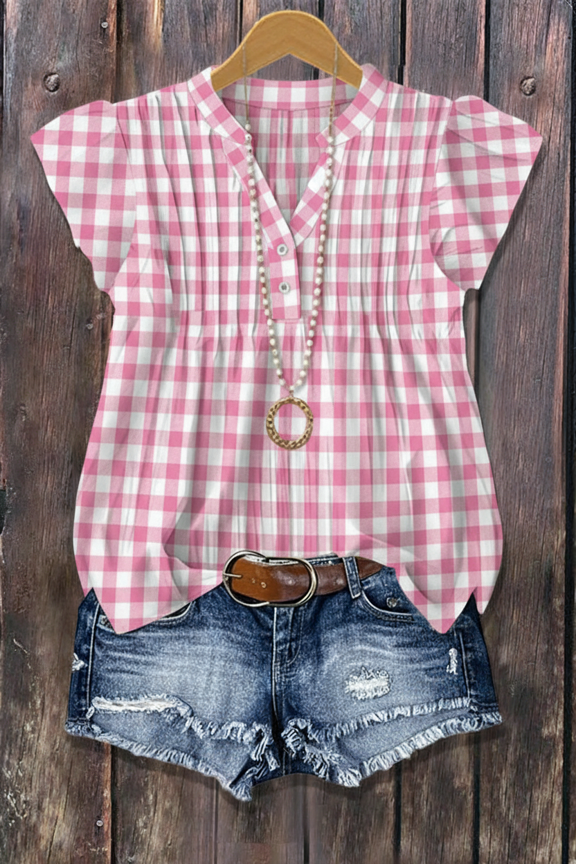 Pink Gingham Check Flutter Sleeve Blouse
