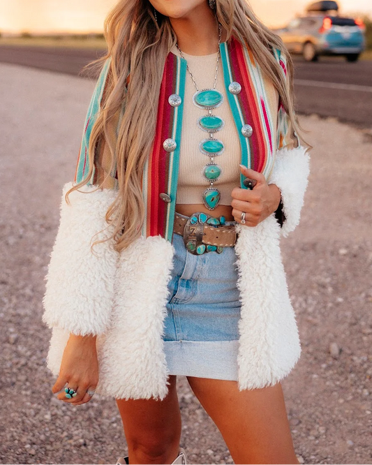 Serape Stripe & White Faux Fur Long Sleeve Western Jacket - Front View