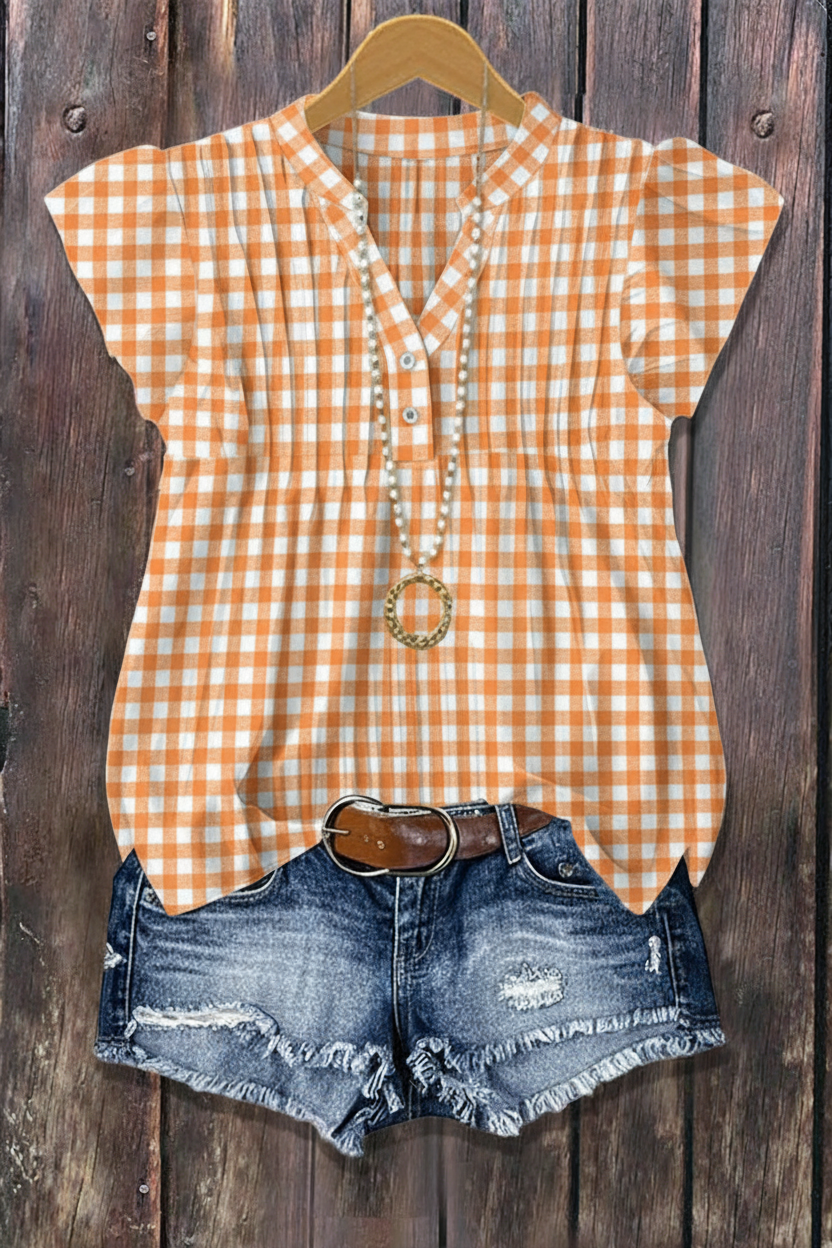 Orange Gingham Check Flutter Sleeve Blouse