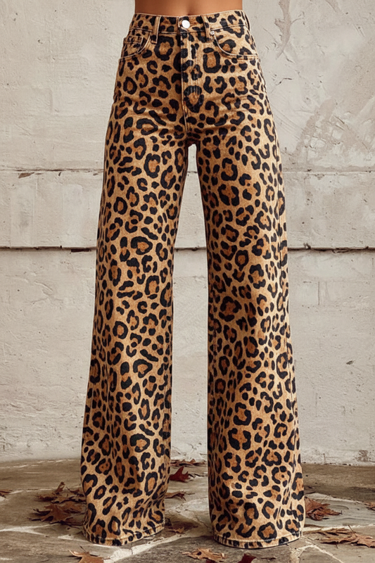 Leopard Print Wide-Leg Jeans - Front View