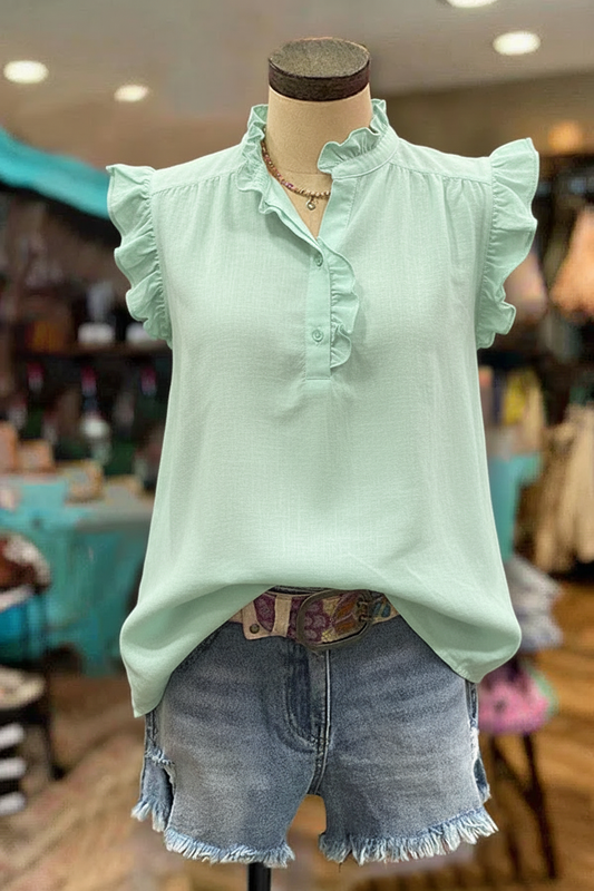 Mint Green Flutter Sleeve Ruffle-Neck Blouse