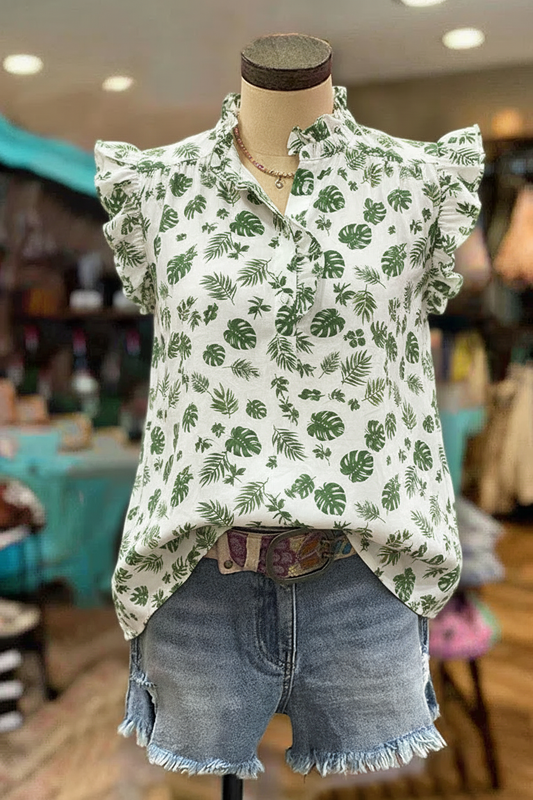 Tropical Leaf Print Flutter Sleeve Ruffle-Neck Blouse