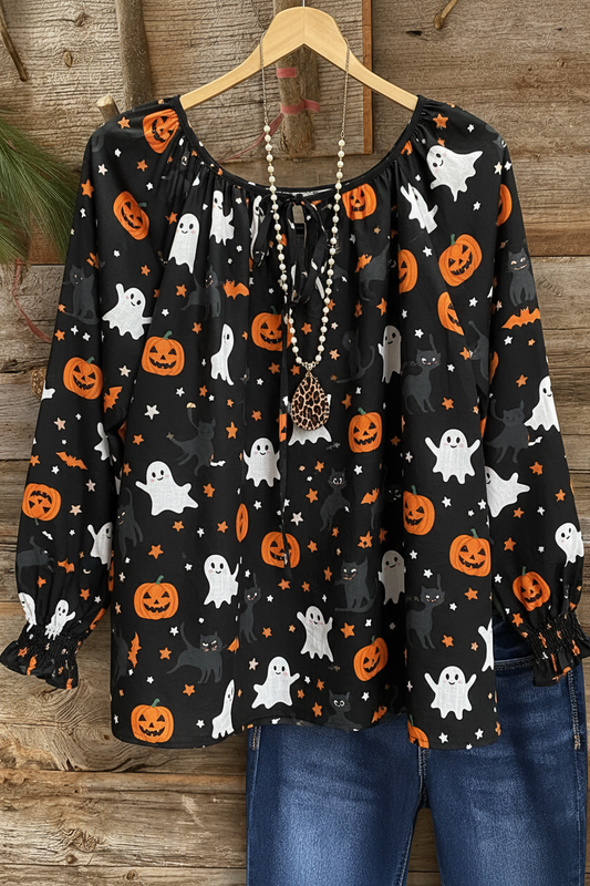 Halloween Ghost Pumpkin Print Gathered Cuff Peasant Top