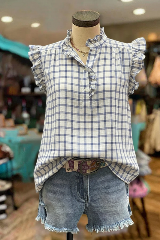 French Country Blue & White Plaid Flutter Sleeve Ruffle-Neck Blouse