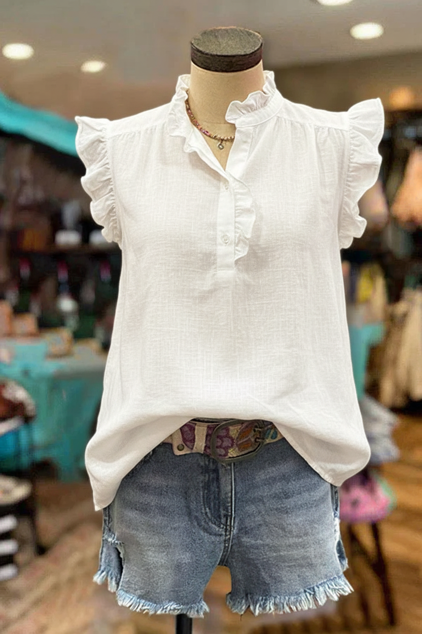 White Linen Flutter Sleeve Ruffle-Neck Blouse